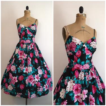 Vintage 1980s Lanz Floral Garden Party Dress 80s Accentuette Rose Print Summer Dress 1950s Style 50s New Look 