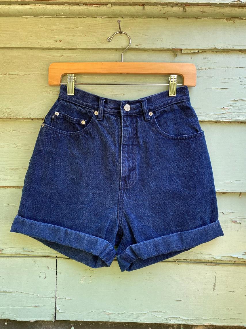 80s Navy Blue Folded Cuffed Blue Jean Shorts / High Rise | American ...