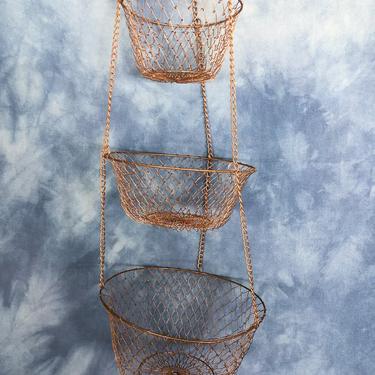 Vintage Metal Hanging Three Tier Kitchen Baskets, Chain Wire Mesh 35&amp;quot; Tall 