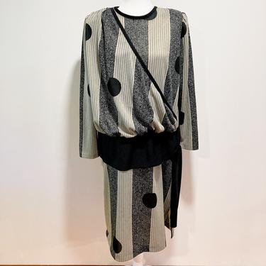 80's Black and Beige Mixed Pattern Faux Wrap Drop Waist Dress | Medium/Large 