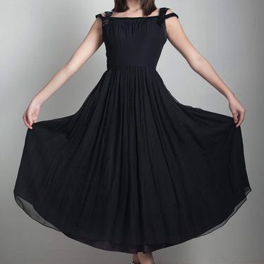 50s black party dress flowy vintage tea length pleated full skirt off the shoulder SMALL S 