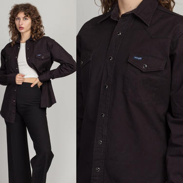 80s Faded Black Wrangler Pearl Snap Shirt - Men's Large | Vintage Button Up Long Tails Oxford Top 