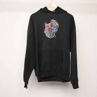 vintage 1990s y2k SHAKESPEARE club kid black faded hoodie sweatshirt -- men's size large 
