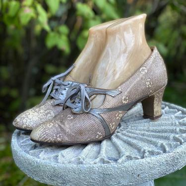 30s ring lizard sz 9 Oxford shoes  / vintage 1930s reptile &amp; silver leather flapper high heels pumps 1920s 