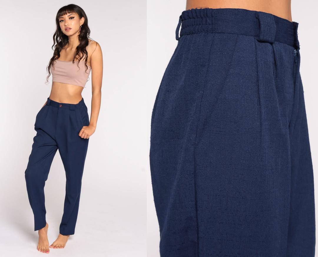 Blue Pleated Trousers Navy High Waisted Pants 80s Tapered Pants | Shop ...