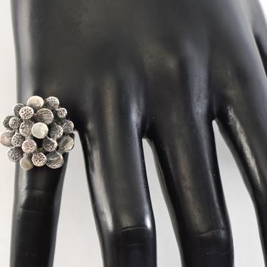 50's Avant Garde textured sterling size 5.25 dimensional floral ring, 925 silver asymmetrical Brutalist statement 