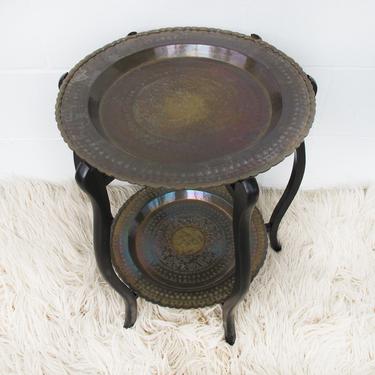 Stunning Vintage Mid-Century Two-Tiered Round Brass Coffee Table with Folding Wood Legs 