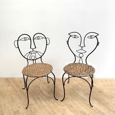 Sculptural Chairs Face Wrought Iron Wicker Cane John Risley Art Furniture Man Woman 