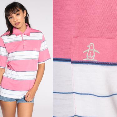 80s Polo Shirt Pink Munsingwear Shirt White Striped Shirt Half Button Up Tshirt 1980s Grand Slam Retro Vintage Tee Small Medium 