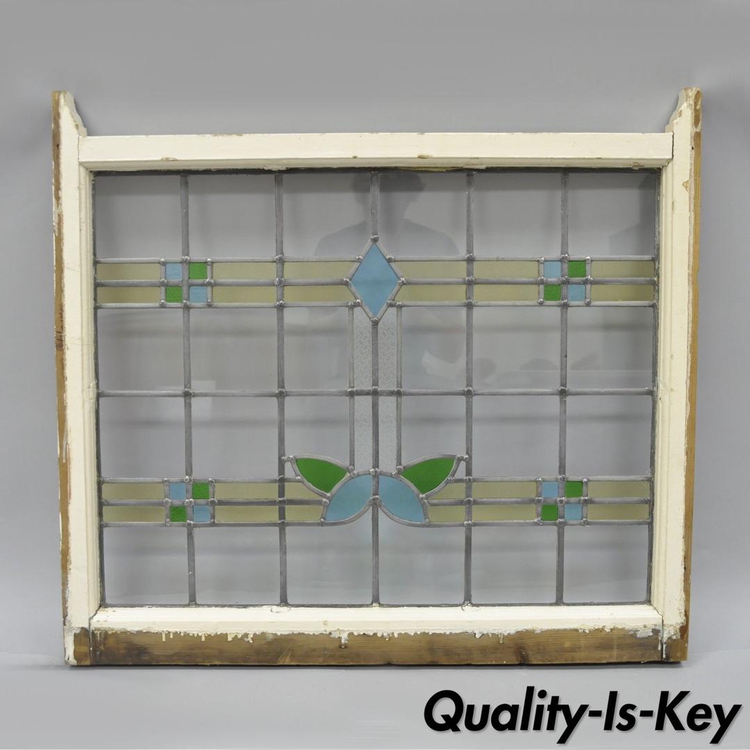 Antique Stained Glass Window Architectural Salvage Blue Yellow Green 31