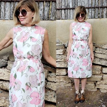 1960s Floral Print Shift Dress Pomette / 50s 60s Pink Green Pastel Sleeveless Summer Dress Sash Tie Dress / S / 
