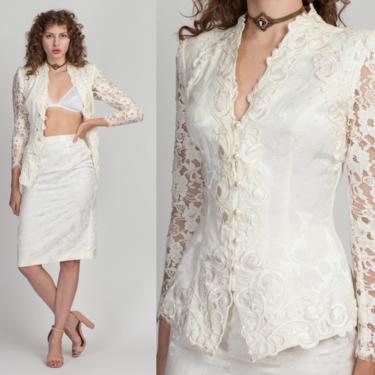 80s Scott McClintock White Jacquard Skirt Suit Set - Small | Vintage Lace Sleeve Jacket &amp; High Waisted Skirt Two Piece Outfit 