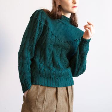 forest green mock neck cable pom poms sweater / sz M 