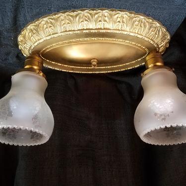 Antique 2 Bulb Ceiling Light with Etched Glass Shades