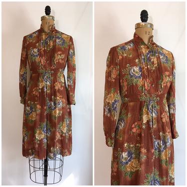Vintage 1970s N.R.1 Ned Gould Floral Dress 70s Autumn Fall Flower Dress 