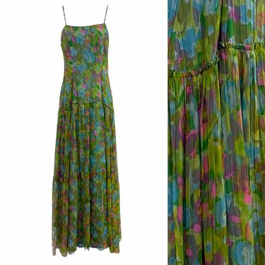 Vtg Vintage 1960s 60s Chiffon Silk Floral Drop Waist Day Glow Maxi Dress 
