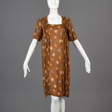 Small Max Mara 1980s Brown Dress Designer Silk Dress 80s Shift Flapper Dress Sheer Short Sleeve Summer Abstract Polka Dot Vintage 