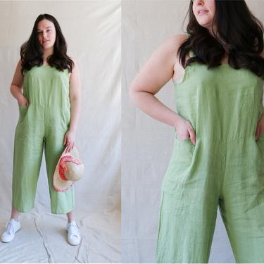 Vintage Flax Linen Jumpsuit/ 90s Y2K Lightweight Green Summer Romper/ Size Large XL 