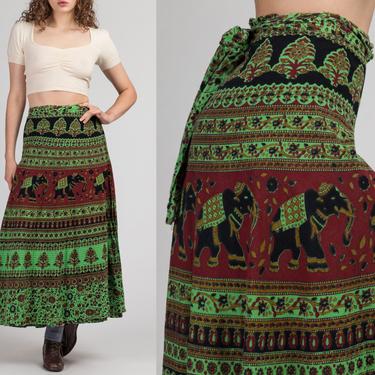 70s Green Boho Indian Block Print Wrap Skirt -  | Vintage Hippie Elephant Batik Cotton Floral A Line Maxi 
