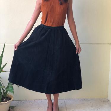 Leather Full Skirt / Vintage Black Suede Leather Skirt / A line Skirt / Elastic Waist Skirt 
