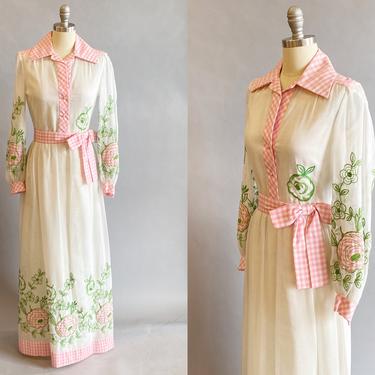 1970s Pat Sandler Maxi Dress / Pink and White Floral Hostess Dress / Embroidered Gown / Size: Small 