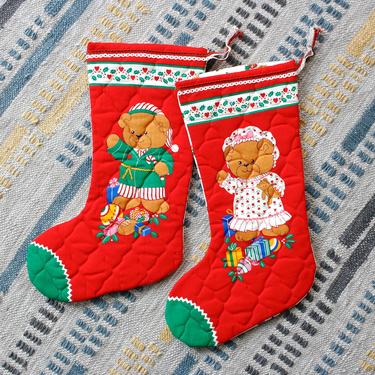 Vintage 1980s Quilted Christmas Stockings - Cottagecore Boy &amp; Girl Teddy Bear Red Stockings - Set/2 