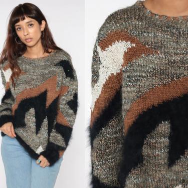 Abstract Angora Sweater 80s Grey Geometric Print Sweater Space Dye Print Knit Jumper Brown Black 90s Statement Vintage Pullover Retro Large 