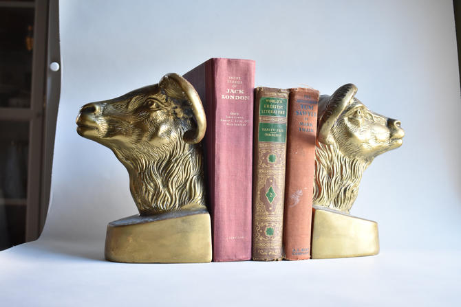 Brass Rams Head Bookends Aries Hollywood Regency Traditional