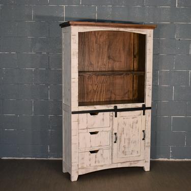 Rustic Farmhouse Style Solid Wood Barn Door Bookcase Cabinet in Distressed Whitewash Finish 