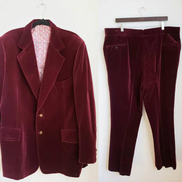 Mens 1970s Burgundy Velvet Leisure Suit XL Short / 70s Disco King Blazer Matching Pants Slacks Ensemble Tiverton Hyman Sons Chicago 