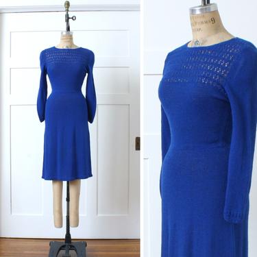vintage 1970s knit dress in bright electric blue • long puff sleeve sweater dress with midi length skirt 