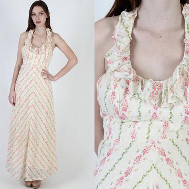 Young Innocent By Arpeja Dress / Bohemian Floral Halter Top Dress / Vintage 70s Ivory Bohemian Garden Prairie Maxi 