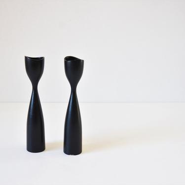 Satin Black Danish Modern Turned Wooden Hourglass Candle Holders 7