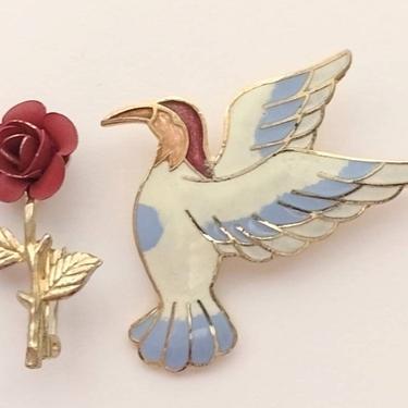 Vintage Enamel & Metal Bird Brooch Rose Flower Brooch Pin Jewelry Lot of 2 