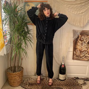 80's BLACK TRACKSUIT - velour - snaps - two piece - small/medium/large 