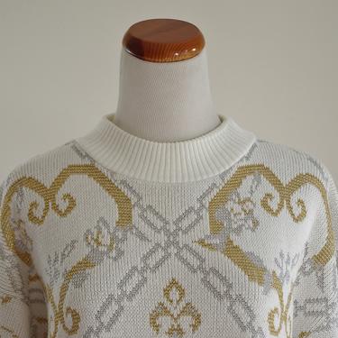 Vintage Womens Knit Sweater, 80s Graphic Bow Sweater, 80s Slouchy Knit, Metallic Gold &amp; White Sweater, Oversized Boyfriend Sweater, Large XL 