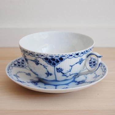 Royal Copenhagen Blue Fluted Half Lace Cup and Saucer Made in Denmark 525, 656 