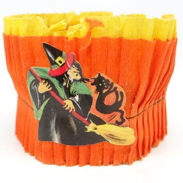 Vintage Witch on Broom Halloween Party Favor Basket, Orange Crepe Paper Candy Container 