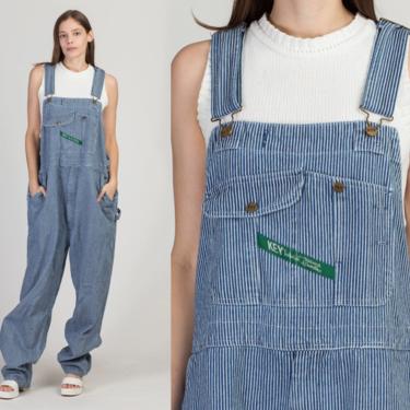 Vintage Key Imperial Hickory Striped Unisex Overalls - Men's 2X, Women's 3X | 90s Conductor Pinstripe Denim Overall Pants Dungarees 