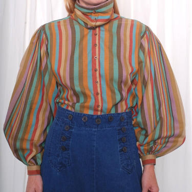Vintage 1980s Billowy Striped Blouse (Med/Large) by 40KorLess