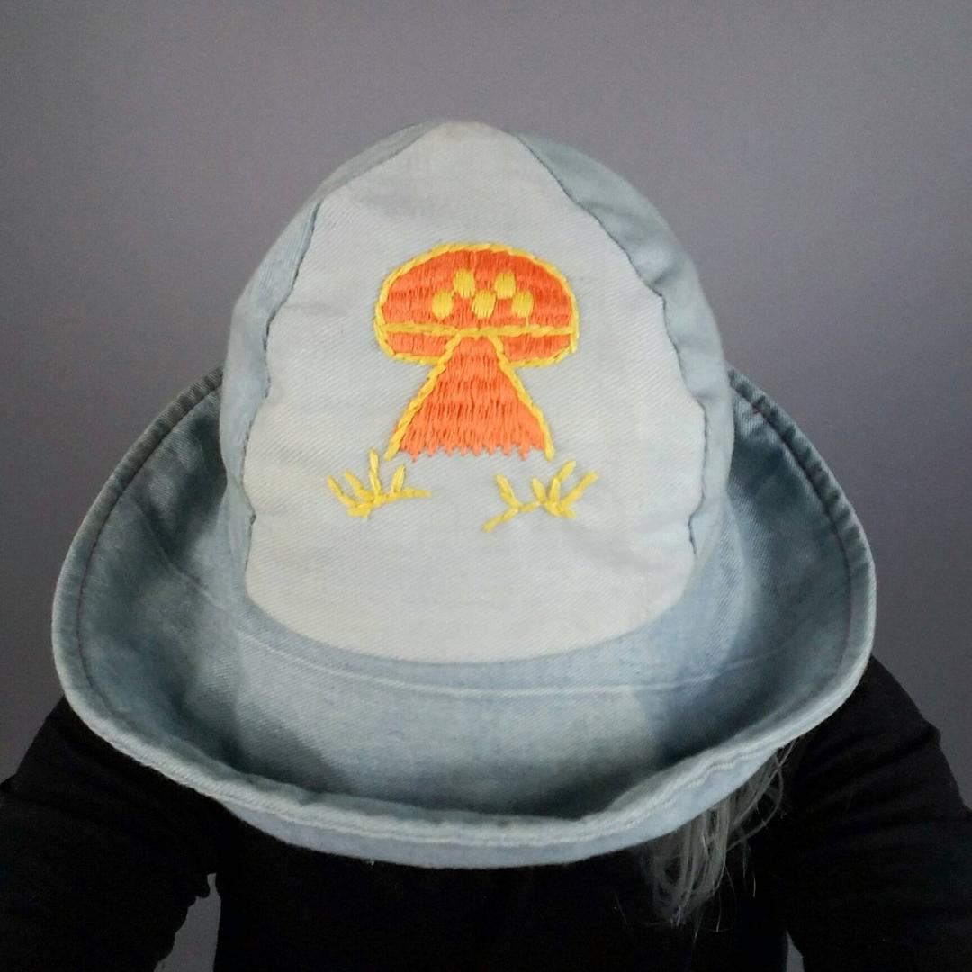 70s Denim Bucket Hat Mushroom Patch, 70s Floppy Hat Summer, 1970