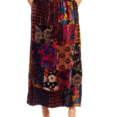 1970S Jewel-Tone Rayon Blend Velvet Hippy Patchwork Skirt 
