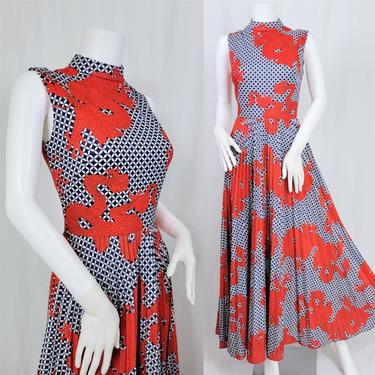 Dragon Print 1970's Pleated Long Maxi Dress I Sz Med I Red 