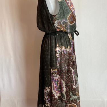 70’s sheer dress~ paisley print ~boho style fit & flare poly knit~ gypsy vibes~ black purple green~ gathered blousy stretchy waist~ size med 