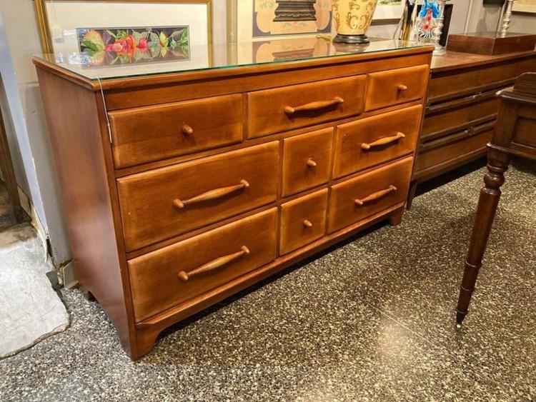 Mid century Cushman maple dresser.  58” x 19” x 35”