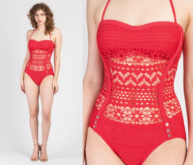 Vintage Robin Piccone Red Crochet One Piece Swimsuit Medium 90s Floral Mesh Retro Halter From Flying Apple Vintage Of Los Angeles Ca Attic