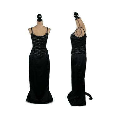 90s Formal Dress Medium, Floor Length Black Evening Gown, Metallic Silver Dot Rhinestone Jessica McClintock Gunne Sax Vintage Clothing Women 