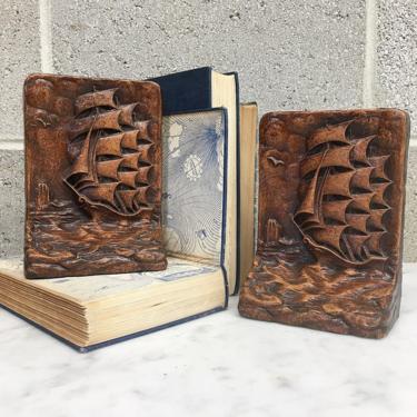 Vintage Bookends Retro 1970s Syroco + Wood Products + Sailing Ships + Hand Carved + Book Storage + Organization + Home and Shelving Decor 