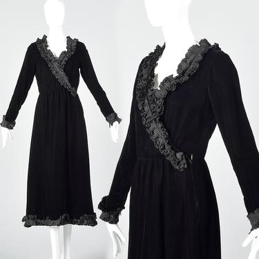 XS Yves Saint Laurent Rive Gauche Black Velvet Long Sleeve Midi Dress Winter Dress Ruffle Trim  Faux Wrap 