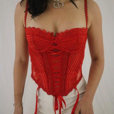 RED SATIN LATE '90s DISCONTINUED LACE UP CORSET - (SMALL)
